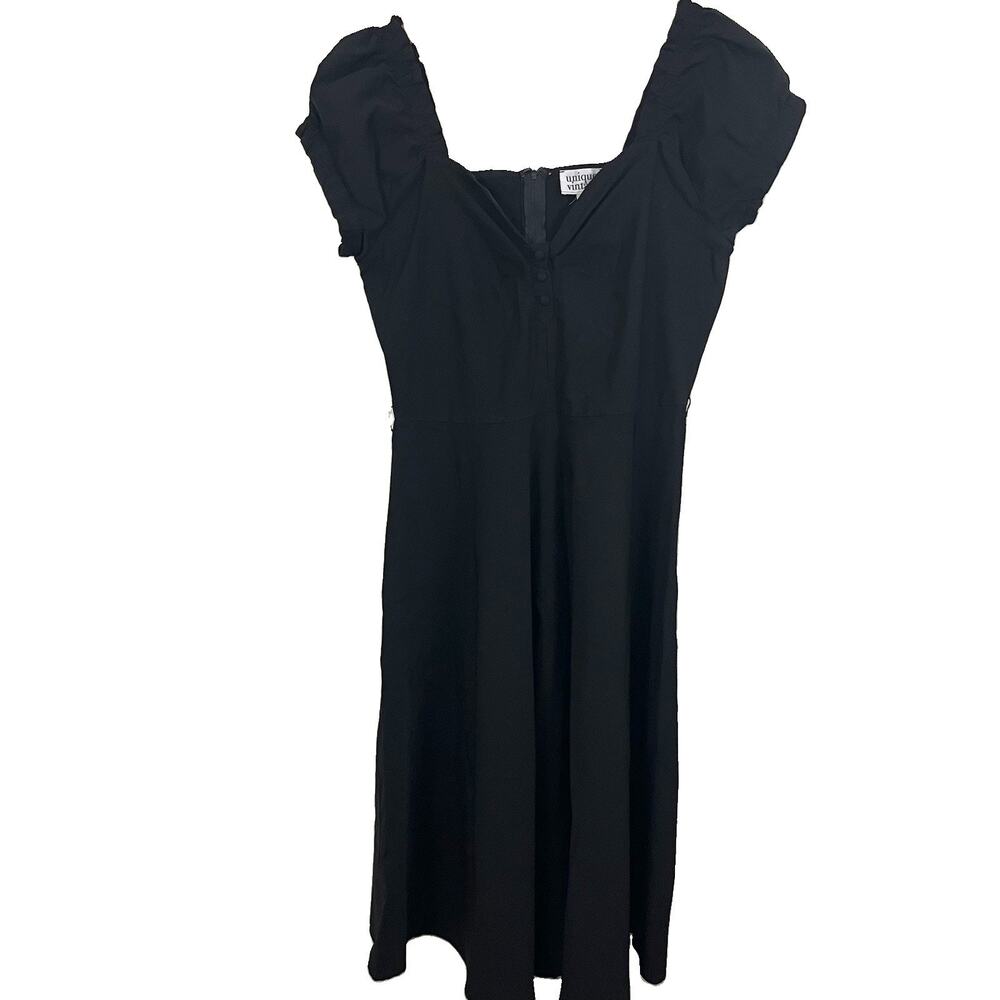 Unique Vintage Fit & Flare Midi Dress Womens XL 14 Puff Sleeve Black NO BELT